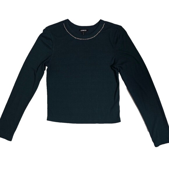 Express Rhinestone Crew Neck Long Sleeve Women's Crop Dark Green Size S - Picture 1 of 5